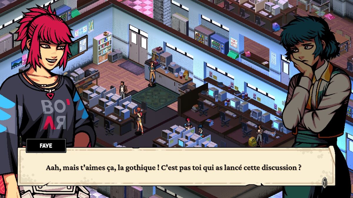 Une discussion entre Faye et Namako, les deux protagonistes dans le jeu vidéo Demonschool