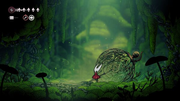 La zone de départ dans Hollow Knight: Silksong avec la cage au fond du ravin et Hornet devant