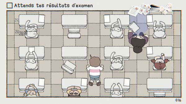 salle de classe avec le personnage par terre